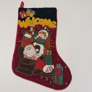 Prima‎ Creations Stitched Christmas Stocking Santa Mrs Santa Fireplace WELCOME